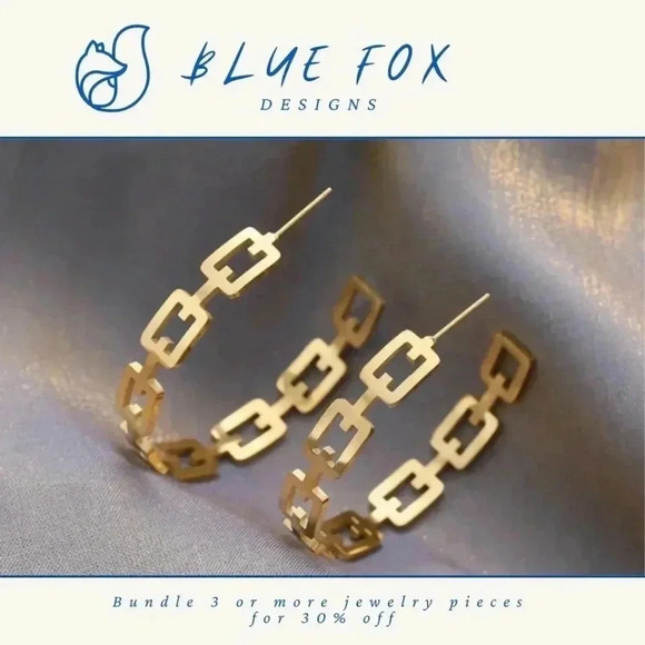 *NEW* 18K Gold Plated Stainless Steel Earrings - Chain  Link Open Hoop - Picture 1 of 8